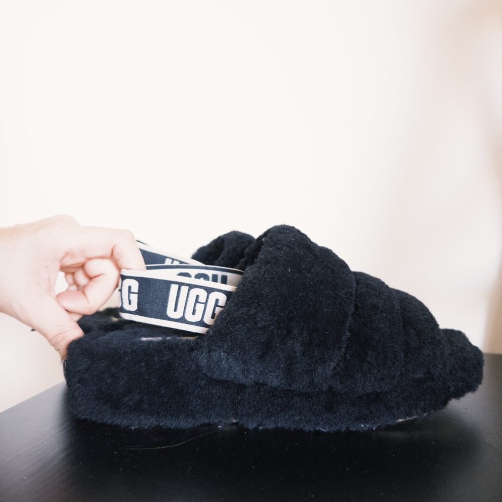 UGG Black Fuzzy Slippers with Logo Strap